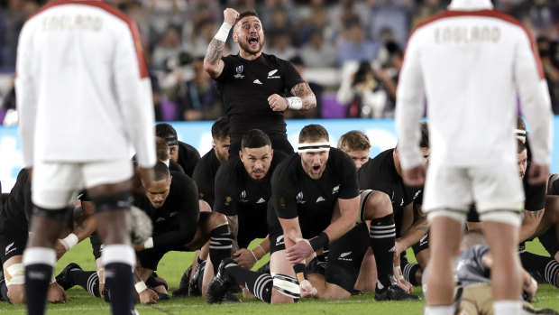TJ Perenara leads the haka in the 2019 Rugby World Cup semi-final. 