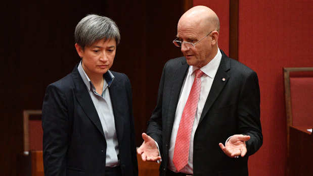 Shadow Minister for Foreign Affairs Penny Wong and Liberal Democratic Party Senator David Leyonhjelm during the debate on the Espionage and Foreign Interference Bill in the Senate chamber at Parliament House in Canberra, Wednesday, June 27, 2018. 