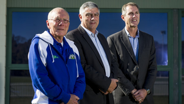 Noel Bissett, pictured left with Mark Vergano and Don Furner, will retire as Canberra Region Rugby League at the end of the year.
