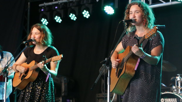 The Teeny Tiny Stevies performing songs off their album to a packed crowd at Woodford Folk Festival.