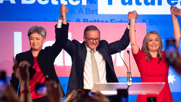 Prime Minister Anthony Albanese on election night with Foreign Affairs Minister Penny Wong and Albanese’s partner Jodie Haydon.