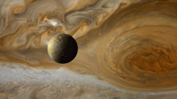Io is one of Jupiter's closest moons. Despite being only 3500km across and billions of kilometres from the Sun, it is the most volcanic place in the solar system. 