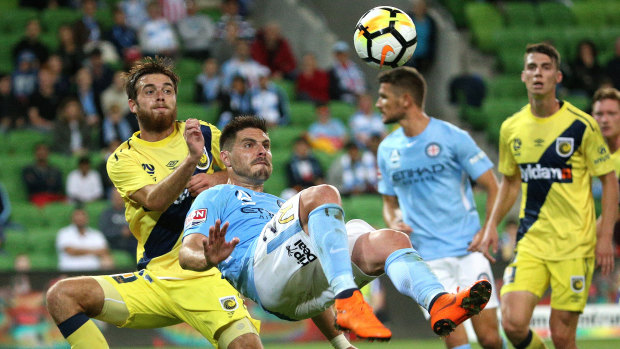 Eyes on the prize: City striker Bruno Fornaroli executes an acrobatic effort towards goal against the Mariners at AAMI Park during round 26.