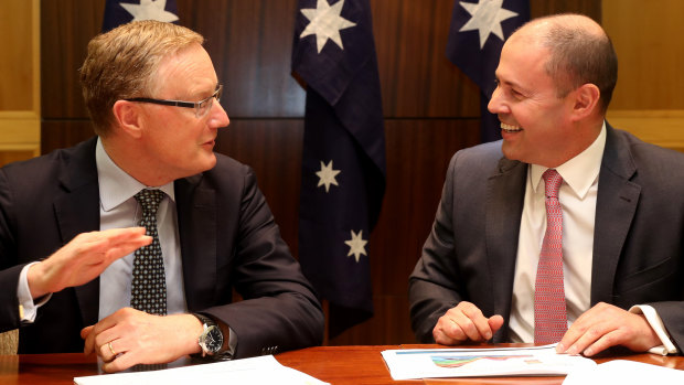 In "100 per cent agreement" ... RBA governor Philip Lowe with Treasurer Josh Frydenberg after their two-hour meeting on the state of the economy.