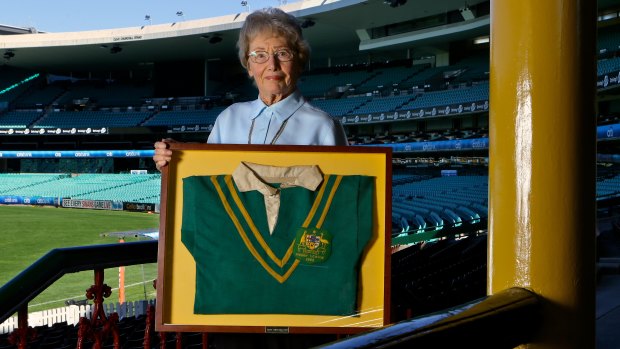 Joyce Churchill, the widow of Clive Churchill, with his treasured 1948 Test debut jersey.