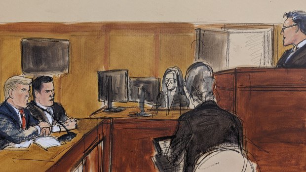 Judge Juan Merchan (far right) addresses Trump (far left) on April 4. Merchan slapped a new gag order on Trump, then extended it after Trump attacked his daughter online.