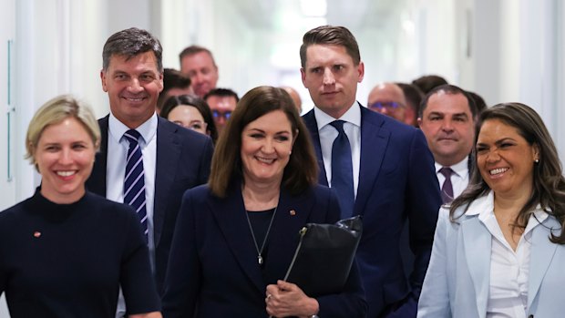 The anti-net zero bloc: Senator Jessica Collins, opposition minister for defence Angus Taylor, Senator Sarah Henderson, member for Canning Andrew Hastie and Senator Jacinta Nampijinpa Price with other Liberal MPs and senators arrive for their party room showdown on Wednesday.