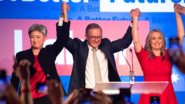 Prime Minister Anthony Albanese on election night with Foreign Affairs Minister Penny Wong and Albanese’s partner Jodie Haydon.