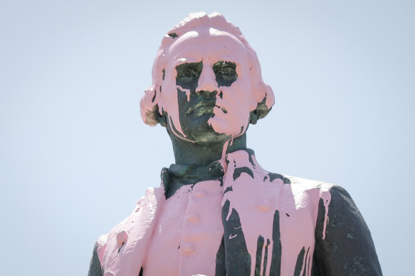 Day in, day out: The Captain Cook statue in St Kilda was vandalised with pink paint in 2018 amid growing discomfort over Australia’s colonial past.