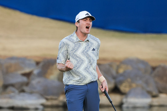 Nick Dunlap of the United States reacts to winning The American Express on the 18th green at Pete Dye Stadium Course 