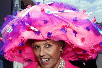 Lillian Frank and her toothbrush hat at the Melbourne Cup, 1999.