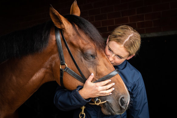 Mr Maestro with Aoife Brennan from the Andrew Forsman camp at the Flemington stables.