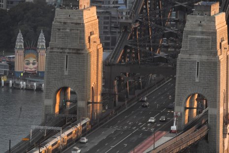 The Sydney Harbour Bridge with little traffic as seen from the Shangri-La Hotel during peak hour last month.