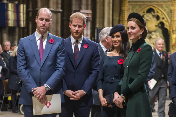 Prince William, Duke of Cambridge (left), and Catherine, Duchess of Cambridge (right), with Prince Harry, Duke of Sussex, and Meghan, Duchess of Sussex.