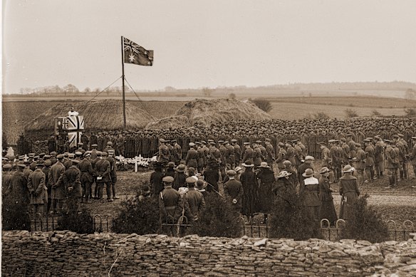 A memorial service held at Leighterton cemetery, in 1918, where the bodies of those members of the Australian Flying Corps (AFC), who had been killed or died since the formation of the 1st Wing are buried.