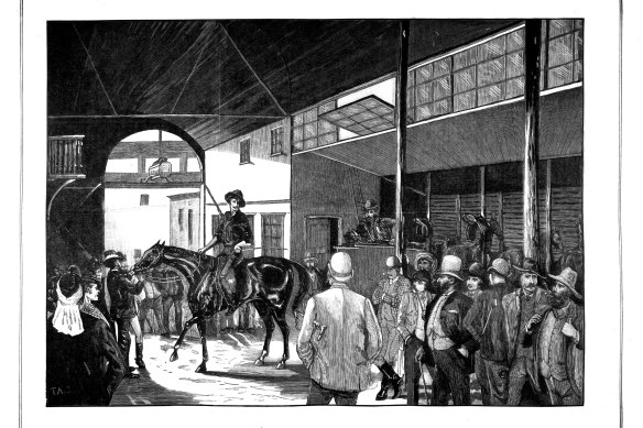 Kirk’s Bazaar, at the site of today’s Hardware Lane, was established in 1840 and became the city’s best-known horse bazaar. Wood engraving by Alfred Martin Ebsworth, published in the Australasian Sketcher.