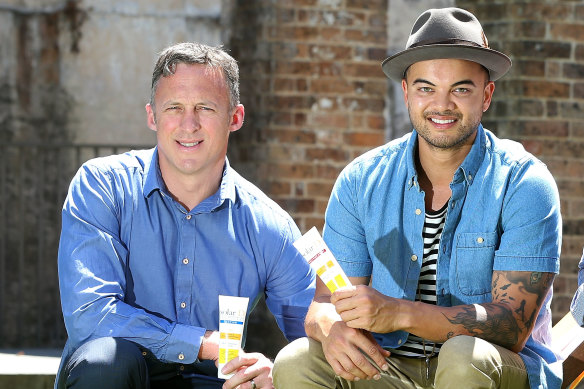 Singer Guy Sebastian and his former manager Titus Day (left) promoting Solar D sunscreen, now the subject of a Federal Court dispute between the pair.