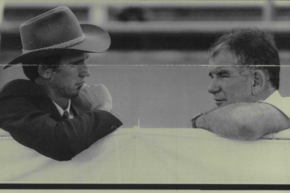 Master coaches Wayne Bennett and Jack Gibson in California in 1987.