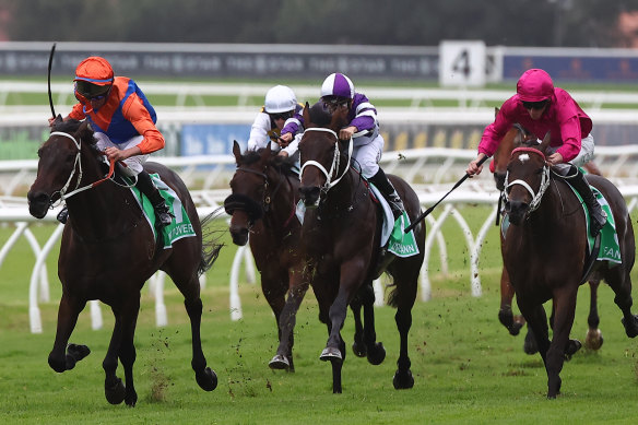 Think It Over (left) beats Fangirl (cerise) home in the Verry Elleegant Stakes.