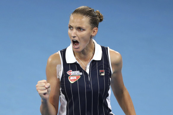 Karolina Pliskova celebrates during her Brisbane International final victory over Madison Keys in 2020.