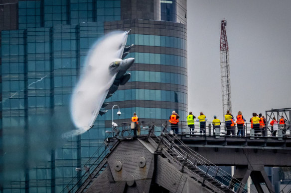 The view from Brisbane’s Story Bridge as a Super Hornet was used for Riverfire practice.