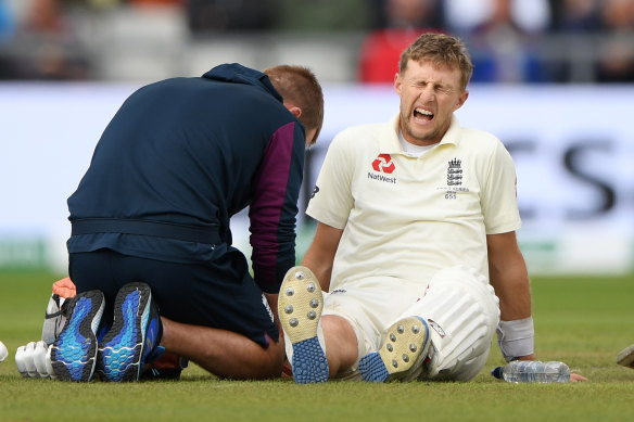 Joe Root was hit on the leg, but managed to bat on.
