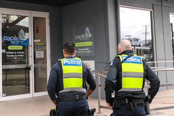 Police visit the Papilio Early Learning centre in Essendon in early July. 