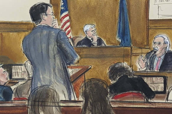 David Pecker answers questions on the witness stand at the trial in April.