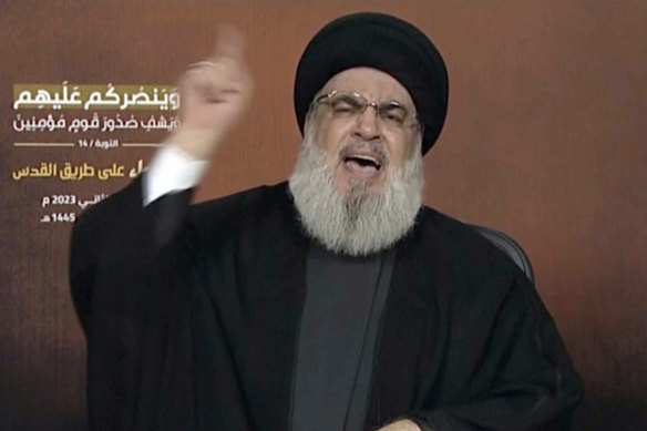 A video grab shows Hezbollah leader Sayyed Hassan Nasrallah addressing a rally in Beirut in 2023.