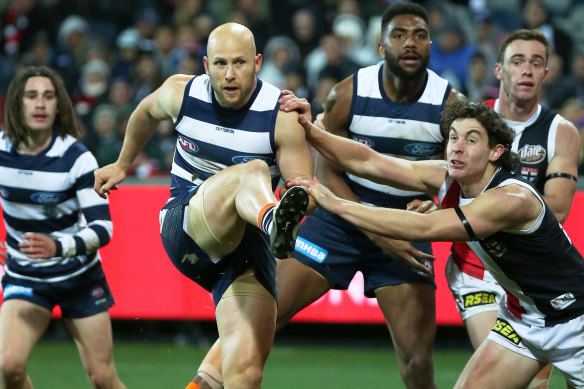 Gary Ablett of the Cats snaps one of two goals.