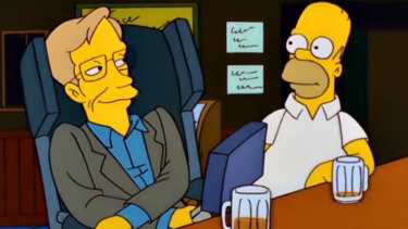 Stephen Hawking enjoys a beer with Homer Simpson.