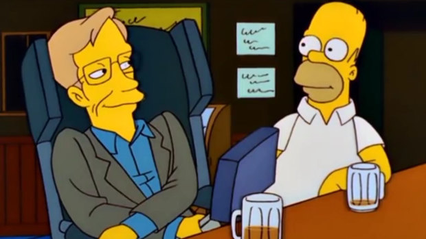 Stephen Hawking enjoys a beer with Homer Simpson.