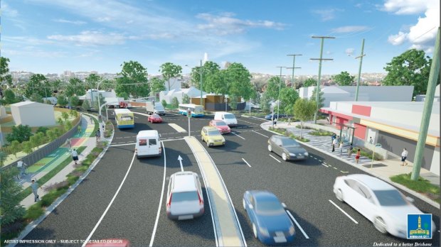 An artist's impression of the proposed stage one of the Wynnum Road upgrade, showing the intersection with Heidelberg Street, East Brisbane.