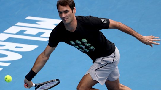 Roger Federer practices at Melbourne Park in 2018. 