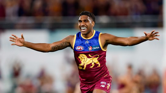 Keidean Coleman celebrates after the team’s preliminary final win, in which he played a key role.