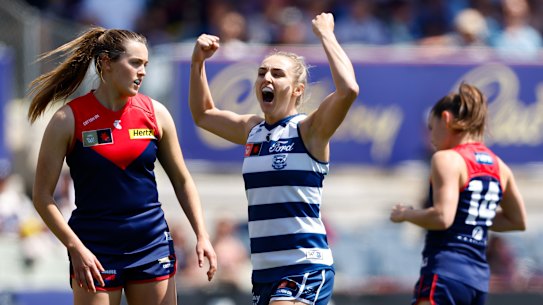 Amy McDonald celebrates a goal.