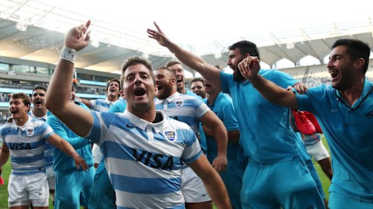 Santiago Cordero celebrates with the Pumas after beating the All Blacks.