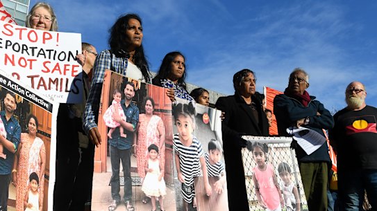 Supporters of the Tamil family gather outside of the Federal Court in Melbourne on Wednesday.
