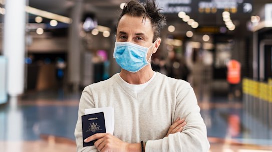SHD NEWS. Traveller Tim Byrnes at Auckland Aiport, New Zealand, April 23, 2021. For a story on how people are not allowed to leave Australia without an exemption so they’re going to NZ and then flying on from there. Photo: Becki Moss