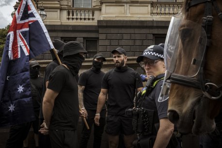 Neo-Nazis led by Thomas Sewell marched on Spring Street on Saturday.