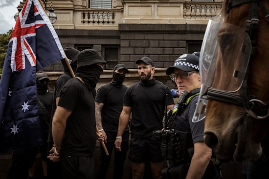 Neo-Nazis led by Thomas Sewell marched on Spring Street on Saturday.