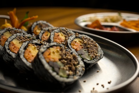 Kimbap rice rolls at Dong Dae Moon, filled with bulgogi beef and perilla leaves