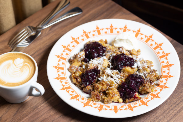 Kaiserschmarrn (scrambled pancakes) with blueberry compote.