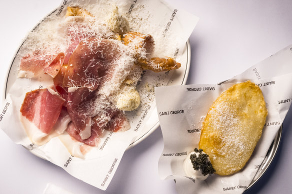 Gnocco fritto with culatello (left) and potato cake with whipped cod roe. 