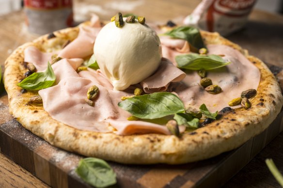 Mariano De Giacomi’s mortadella, burrata and pistachio pizza. 