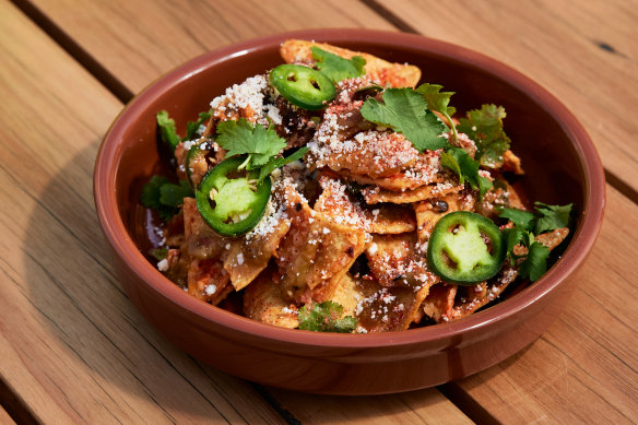 Chilaquiles, a colourful bowl of salsa-doused tortillas, at Afloat Viva Mexico.
