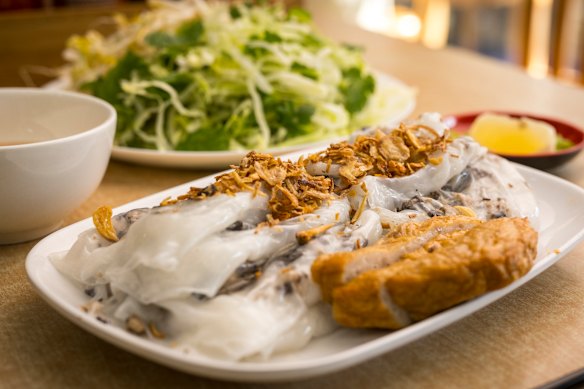 Steamed rice rolls filled with pork at Xuan Anh Banh Cuon inside the Footscray Market.