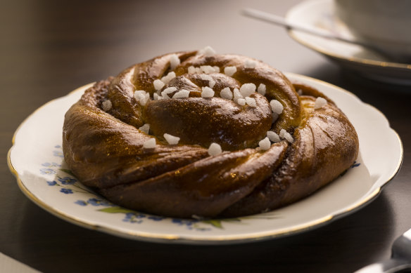 A cinnamon-and-cardamom bun with pearl sugar.