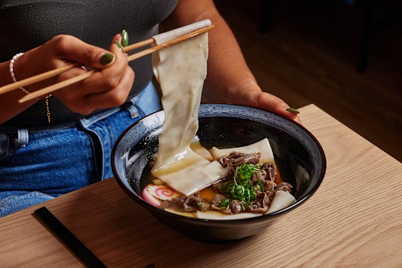 Wide himokawa udon are silky and ribbon-like.
