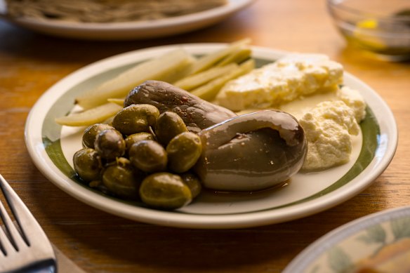 The makdous (stuffed eggplant) as part of the breakfast sofra.